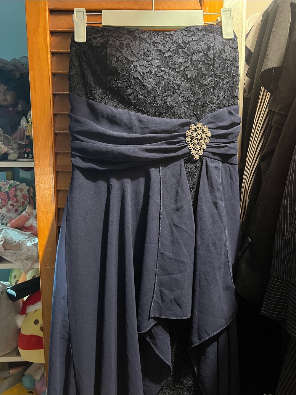 Strapless Navy Lace & Chiffon Evening Dress with Brooch Accent